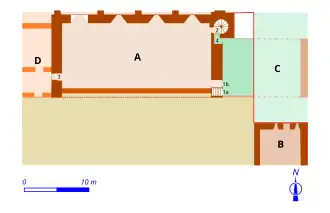 plan du niveau 1 de l'édifice avec localisation des éléments disparus