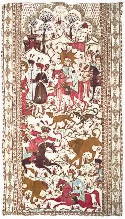 La broderie de soie avec des motifs de chasse datant du XVIIe&nbsp;siècle, Tabriz, Azerbaïdjan