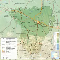 Détail d'une carte indiquant les principales villes, principaux axes de circulation ou encore le relief du Béarn.