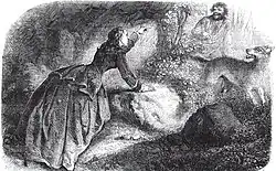 Menacée par la Bête, la belle châtelaine Christine de Barjac appelle vainement Jeannot-Grandes-Dents à son secours. Illustration de Gustave Janet, Journal pour tous, no&nbsp;148, 30 janvier 1858.