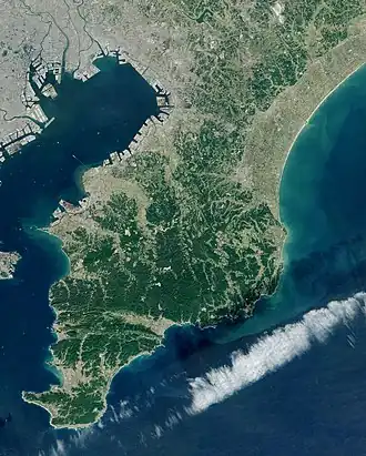Vue aérienne prise depuis la navette spatiale sur la péninsule de Bōsō.