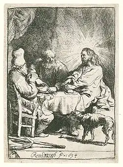 Gravure en noir et blanc. Trois hommes sont attablés tandis qu'un chien les regarde. La tête de l'homme a droite est entourée d'un halo de lumière.