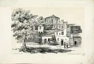 Le faubourg Saint-Étienne à Toulouse par Malbos. Sur le relais de poste on peut lire DILIGENCE DE TOULOUSE A CARAMAN