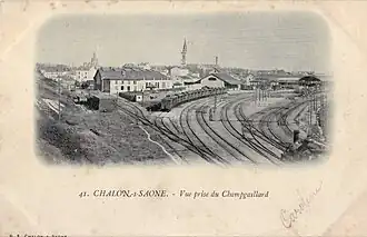 Carte postale ancienne, montrant l'importance des installations ferroviaires de la gare, vue de Champgaillard