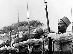 Photo d'une rangée de soldats africains présentant les armes