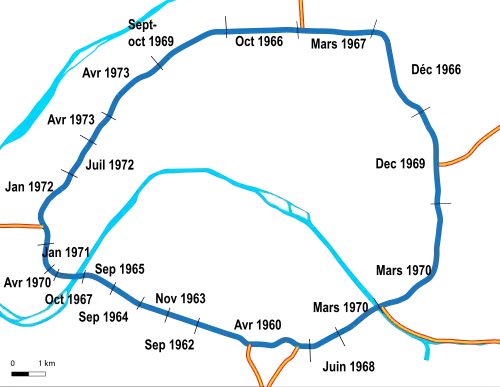 Carte des mises en service par sections, de 1962 à 1973