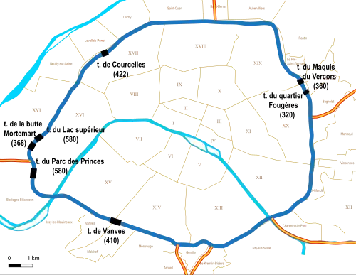 Schéma localisant les 7 tunnels de plus de 300&nbsp;m (5 dans la partie gauche, 2 à droite)