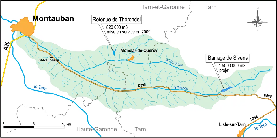 Bassin-versant du Tescou, avec situation de la retenue de Thérondel et du projet de barrage de Sivens.