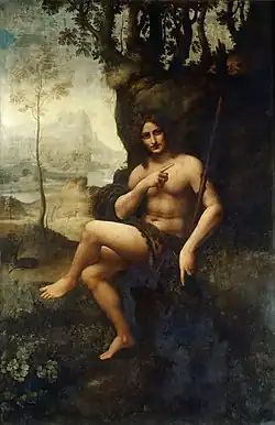Saint Jean-Baptiste retouché en Bacchus, attribué à Francesco Melzi ou Salai, 1517-1520, huile transposée sur toile, Louvre.