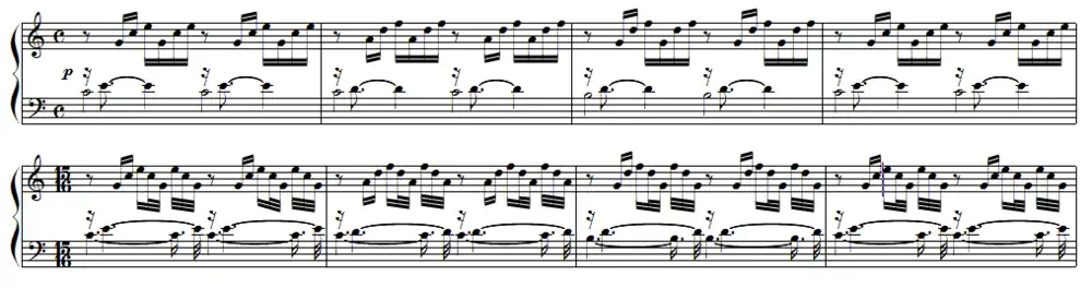 Partition pour piano, Bach en haut à 4 temps, version à 15 temps par Alexandre Astier en bas