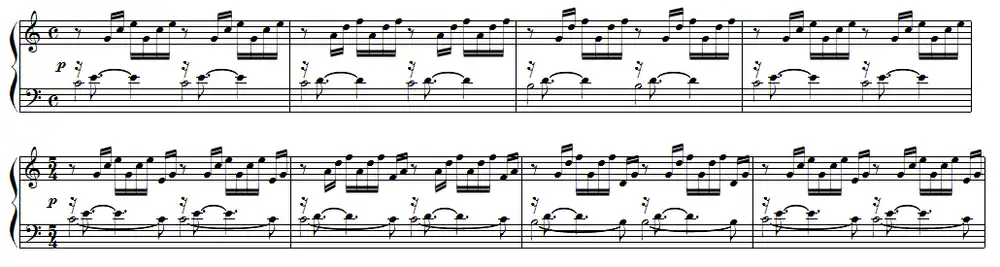 Partition pour piano, Bach en haut à 4 temps, version à 5 temps par Alexandre Astier en bas