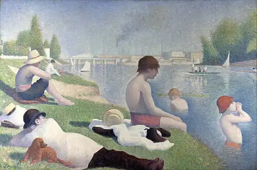 Seurat. Une baignade à Asnières. 1884 et 1887, 201&nbsp;×&nbsp;300&nbsp;cm. National Gallery. Postimpressionnisme.