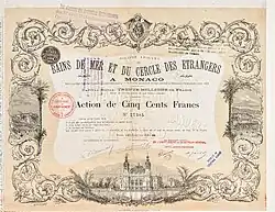 Action de 500 francs de la Société Anonyme de Bains de Mer et du Cercle des Étrangers à Monaco, société d'exploitation du casino de Monte-Carlo, émise le 10 février 1884.