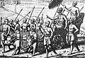 Représentation du roi balinais, le Dalem&nbsp;(en), tiré par deux buffles blancs, par Houtman en 1597.