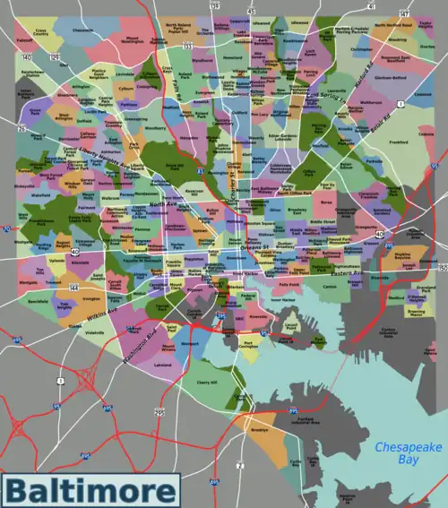 Carte colorée de Baltimore et de ses environs.