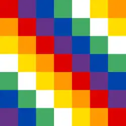 Wiphala du Chinchay Suyu (couleurs vives, carreaux rouges sur la diagonale).