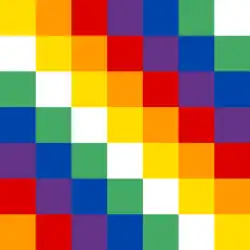 Wiphala du Kunti Suyu (couleurs vives, carreaux jaunes sur la diagonale).