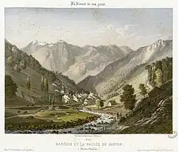 Lithographie en trois couleurs d'une vallée montagneuse de part et d'autre d'un cours d'eau.