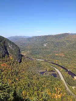 Vue au sommet d'une montagne d'une vallée boisée en automne une rivière et une route dans le fond.