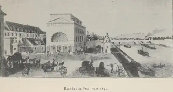 La barrière en 1820. À gauche, le cloître de l’ancien couvent des Minimes.