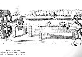 Machine à percer d'un tuyauteur. Gravure sur cuivre de Salomon de Caus. 1615