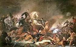 Peinture en couleurs. Bataille terrestre dans un plan d'eau constituée de peu de soldats. Les généraux à cheval se battent entre eux au centre de la scène (plus éclairé que le reste du tableau), tandis qu'on voit le feu d'un canon en bas à droite, un mourrant pris en charge par un prêtre en bas à gauche et un arrière plan totalement opacisé par une fumée sombre.