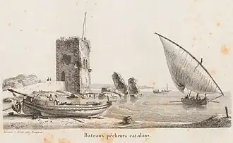 Deux barques catalanes au début du XIXeme siècle, tirée à terre et en mer sous voile latine.
