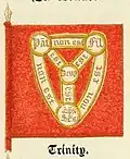 Reconstitution (1833) de la bannière de la Trinité portée par Henri V d'Angleterre à la bataille d'Azincourt en 1415. Le rouge, gueules, caractérise les rois d'Angleterre.