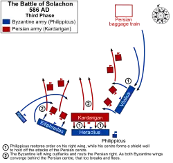 Dernière phase de la bataille avec la pression romaine sur l'aile droite perse qui entraîne l'effondrement de l'armée perse