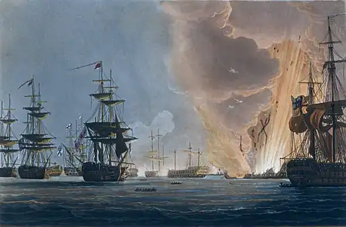 Représentation de l'explosion d'un navire de guerre autour d'autres navires, formant un large nuage de fumée.