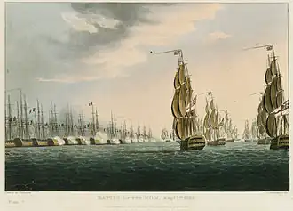 « Battle of the Nile, Augt. 1st 1798 » par Thomas Whitcombe : Union Flags sur les mâts britanniques à la bataille d'Aboukir. À l'arrière, White Ensigns.