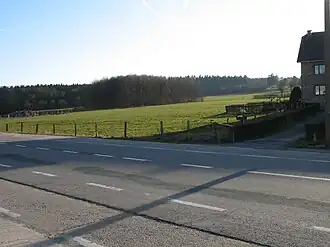 Photo d'une route à travers la campagne, un bois en arrière-plan