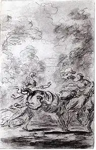 Dessin ébauché au crayon où un homme tente de s'emparer d'un cheval qui rue.