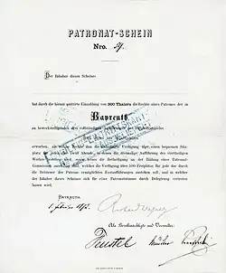 Certificat de patronage pour le financement du festival de Bayreuth, émis le 1er février 1872, signé en original par Richard Wagner. En payant 300 thalers, le détenteur du billet acquérait le droit d'assister à trois représentations du jeu de scène Der Ring des Nibelungen.