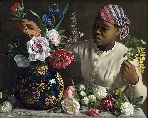 Jeune Femme aux pivoines (1870), huile sur toile (60,3&nbsp;×&nbsp;75,2&nbsp;cm), Montpellier, musée Fabre.
