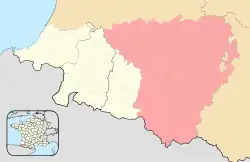 Détail d'une carte indiquant en rouge le Béarn, en vignette en bas une carte de France.