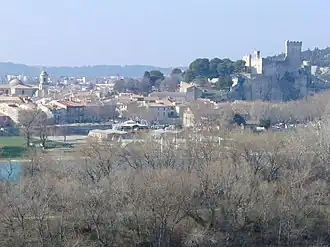 Vue d'ensemble de Beaucaire et son château (à droite), janvier 2010.