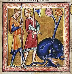 Représentation très imagée d'un Castor d'Europe se coupant les testicules (bestiaire d'Aberdeen, XIIe&nbsp;siècle)