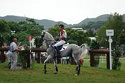 Dans un terrain verdoyant, un cheval gris monté par un homme jeune en casaque piaffe avant le départ.