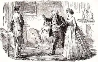 Gravure : salon très lumineux ; à gauche, Rokesmith de 3/4 dos, la main gauche posée sur une table, une jambe légèrement fléchie, debout droit et digne ; devant lui, Boffin, l'air courroucé, le menace du poing ; Bella, l'air ennuyé, a son bras droit passé sous son coude. Au fond, Mrs Boffin est assise, tête basse, sur un canapé