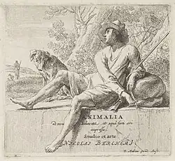  dessin symétrique du précédent, un berger à droite se reposant avec un chien à côté