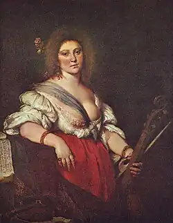 Portrait de femme, en robe rouge et banderole bleue, portant un instrument à cordes et un archet.