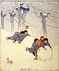 Xylographie de Bertha Lum d'enfants japonais confectionnant une boule de neige par roulage (c. 1913).