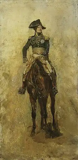 Un maréchal de Napoléon à cheval, de face, regardant vers la droite, la main sur la cuisse.