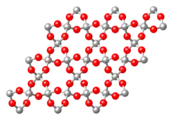 Silice cristallisée (SiO2)n (atomes Si en gris et O en rouge)