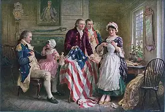 Betsy Ross élaborant le drapeau américain en 1777.