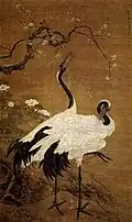 Prunier en fleurs et couple de grues, Bian Jingzhao, XVe&nbsp;siècle, rouleau mural, encre et couleurs sur soie, 180,4&nbsp;×&nbsp;118&nbsp;cm. Musée du Palais, Pékin.