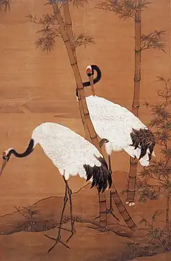 Bambous et grues, Bian Jingzhao, XVe&nbsp;siècle, dynastie Ming. Rouleau suspendu, encre et couleurs sur soie, H. 180 cm. Musée du palais impérial, Beijing