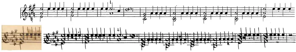 Photo d'une partition, un détail en bas à gauche est mis en valeur