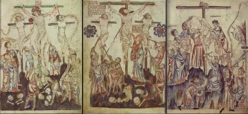 Christ nu ou en perizonium transparent.Bible d'Holkham&nbsp;(en), XIVe&nbsp;siècle.